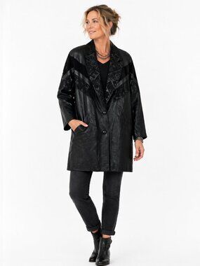 Vintage Preston York Leather Car Coat Black Patchwork Paisley Boho Luxe Womens M